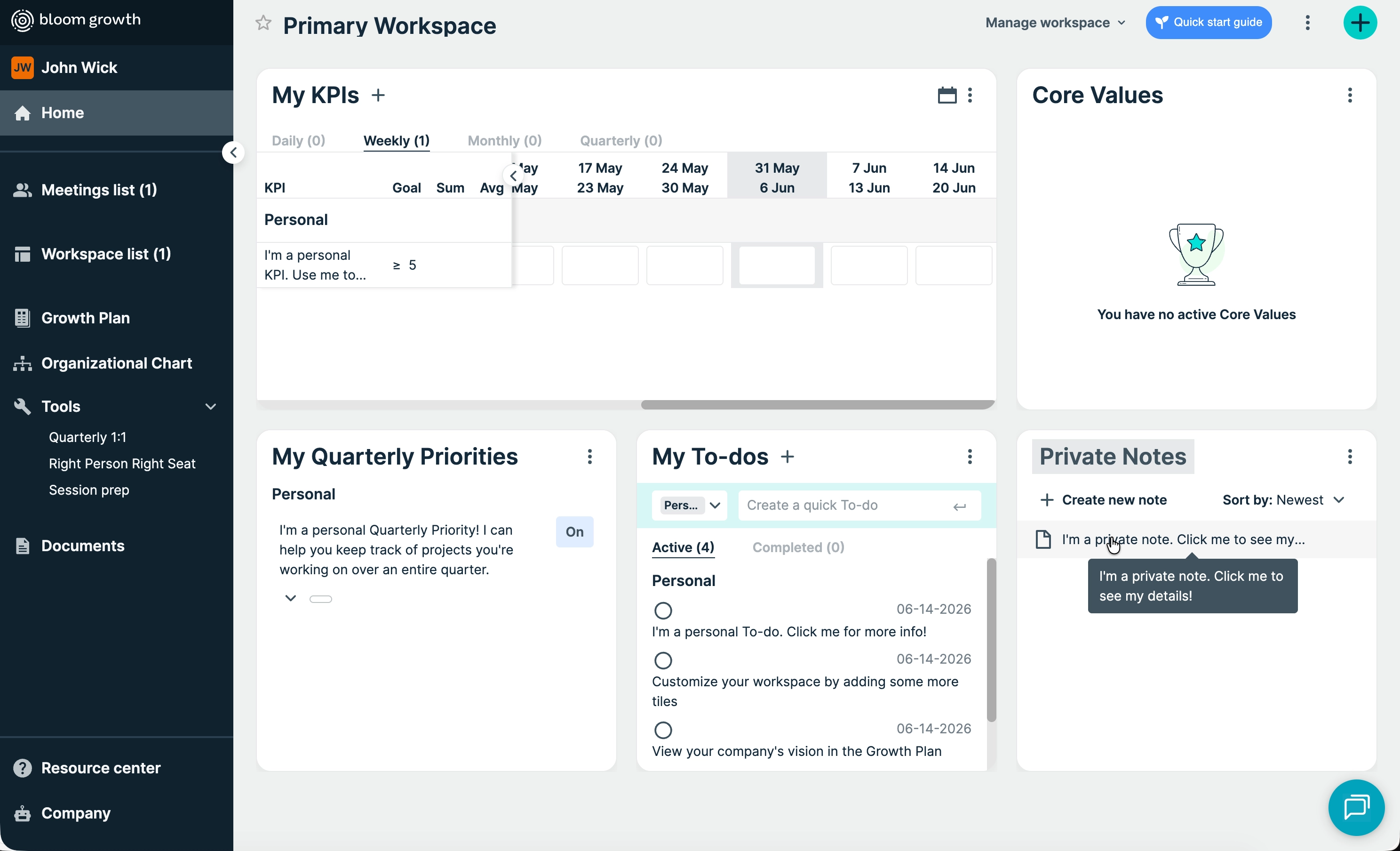 Bloom Growth primary workspace dashboard with KPIs, priorities, to-dos, and notes
