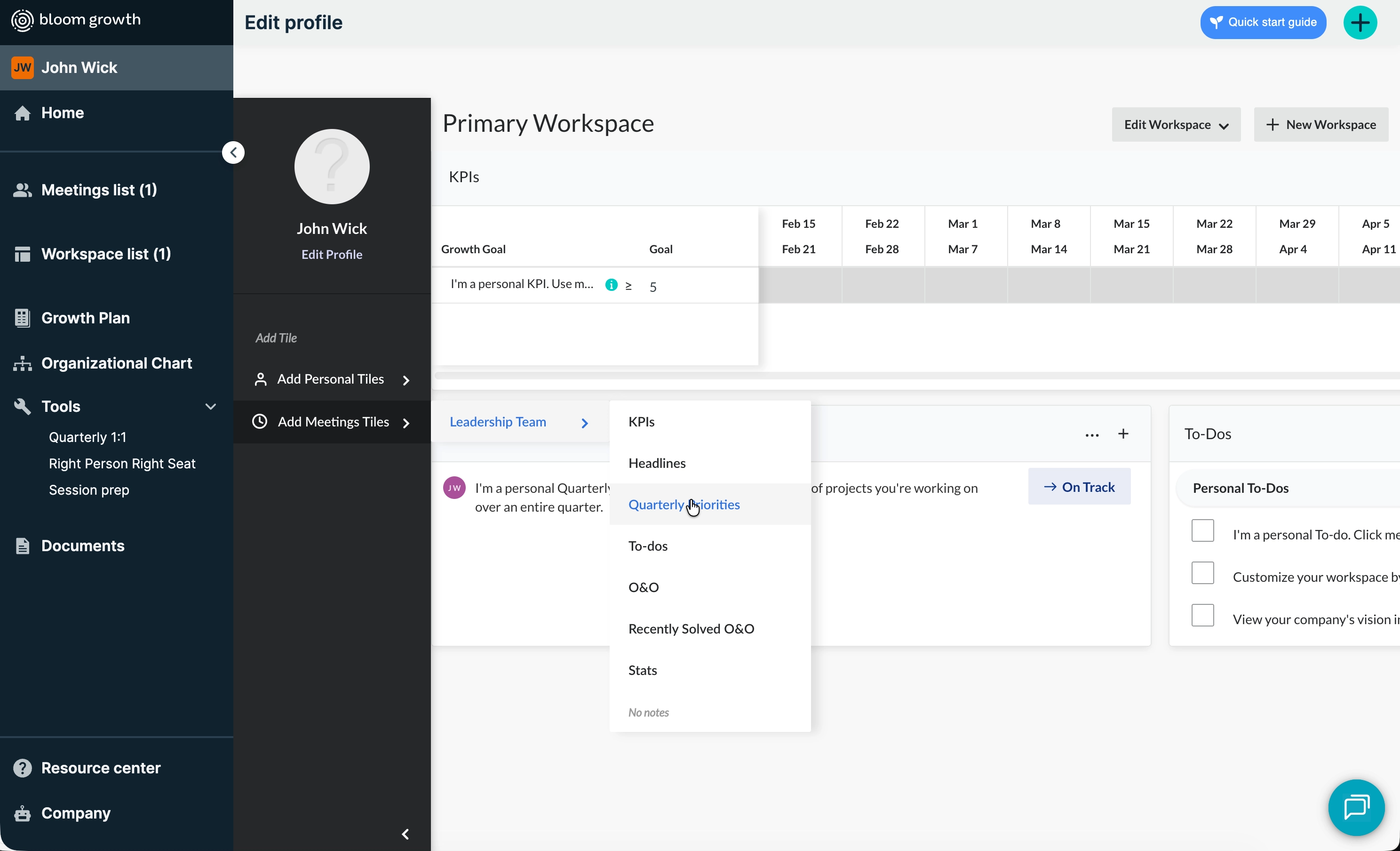 Bloom Growth workspace menu for adding meeting tiles and quarterly priorities