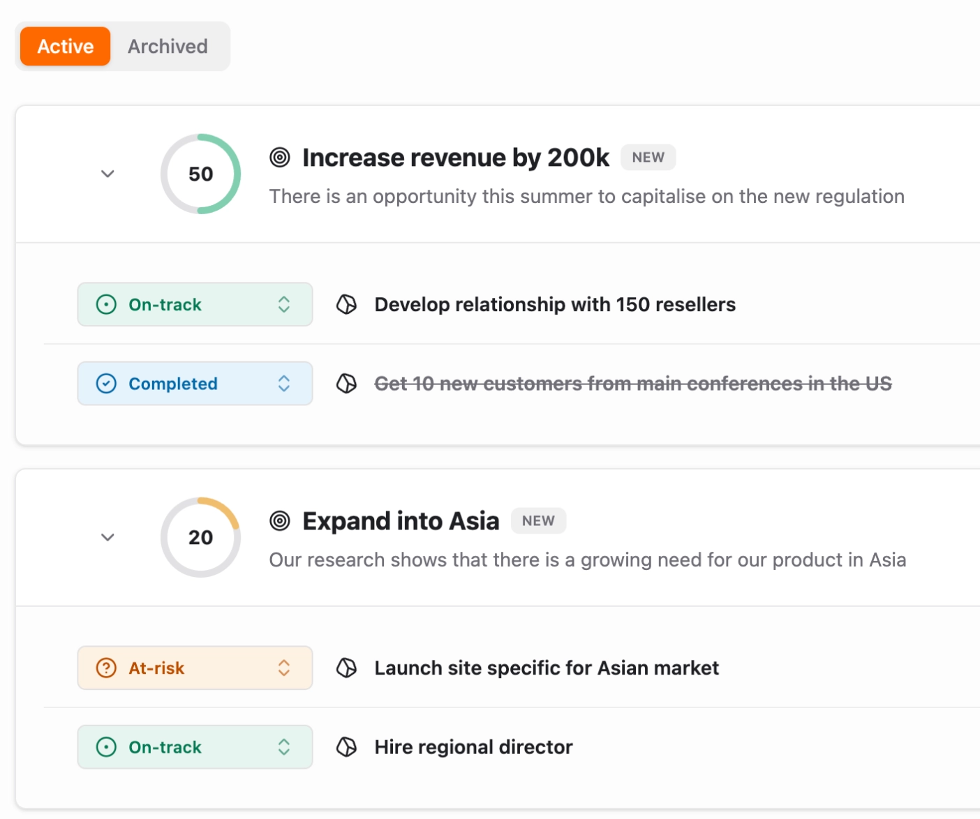 MonsterOps rocks deck view showing quarterly goal status review